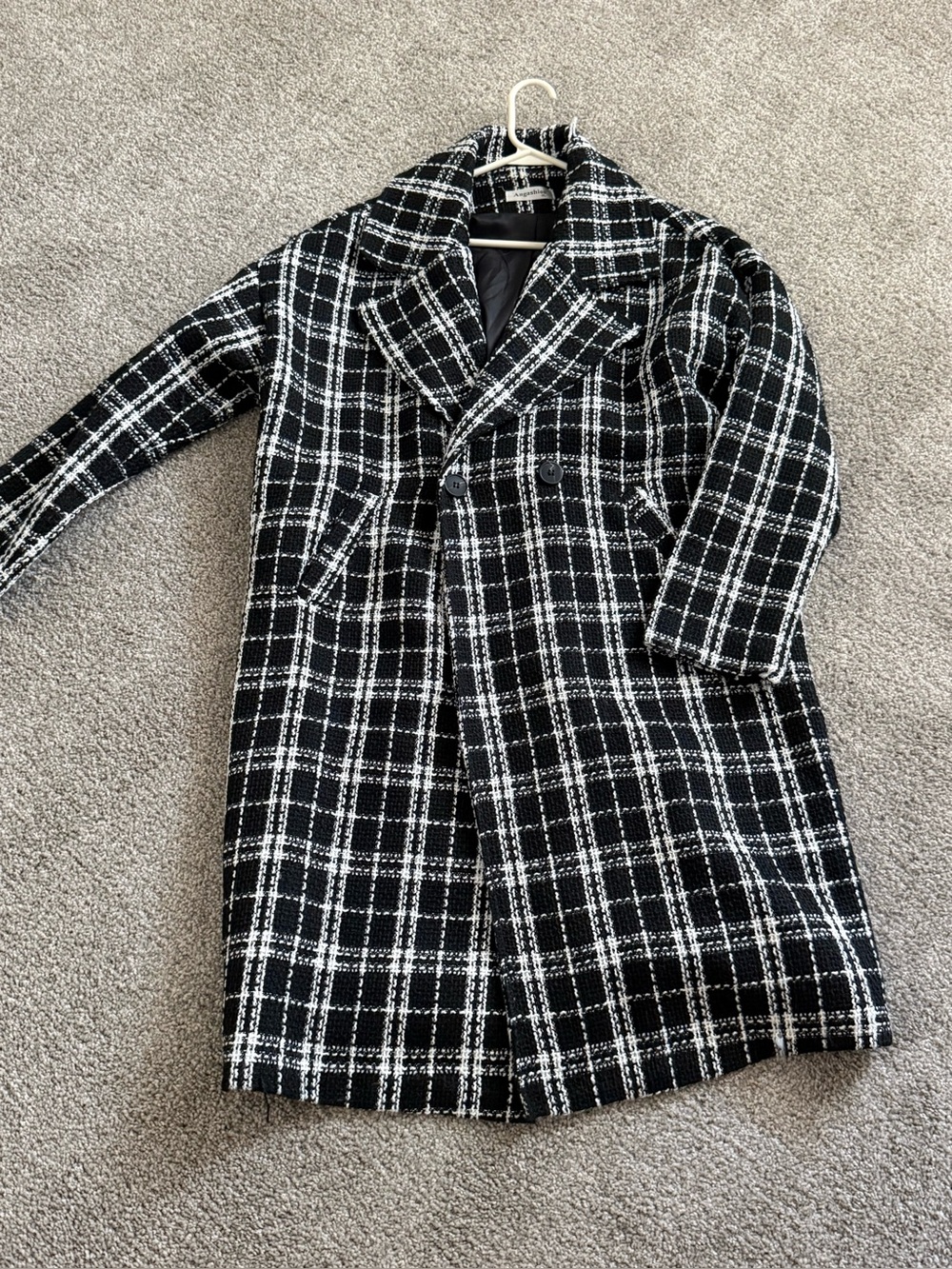Angashion XL Black and White Plaid Double-Breasted Wool Blend Coat